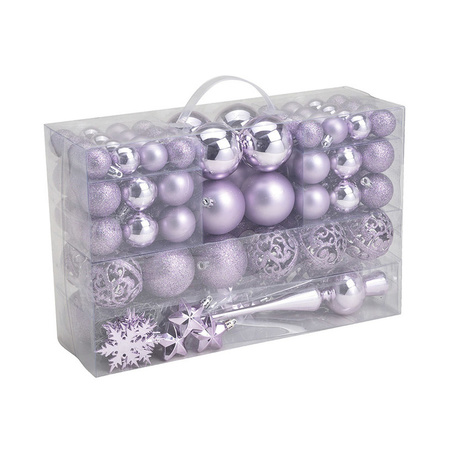 111x pcs plastic christmas baubles lilac purple 3, 4 and 6 cm with tree topper