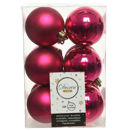 12x Kunststof kerstballen glanzend/mat bessen roze 6 cm kerstboom versiering/decoratie