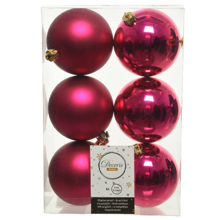 12x Kunststof kerstballen glanzend/mat bessen roze 8 cm kerstboom versiering/decoratie
