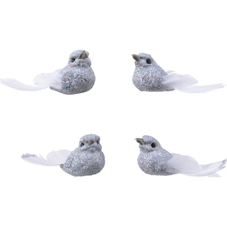 12x Decoration glitter silver birds on clip 5 cm