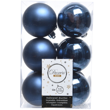 12x Kunststof kerstballen glanzend/mat donkerblauw 6 cm kerstboom versiering/decoratie