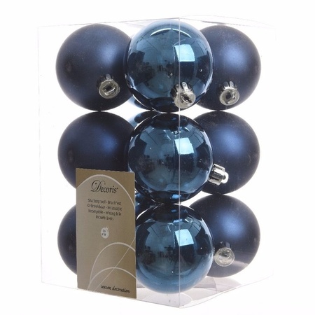 28x Christmas baubles dark blue 4 and 6 cm plastic matte/shiny
