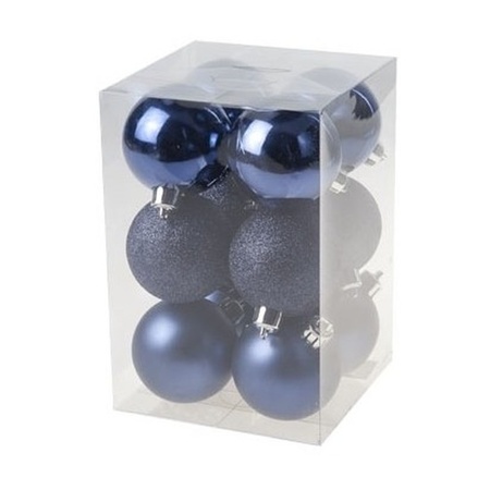 24x Christmas baubles mix dark blue and copper 6 cm plastic matte/shiny/glitter