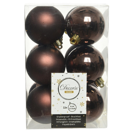 12x Kunststof kerstballen glanzend/mat donkerbruin 6 cm kerstboom versiering/decoratie