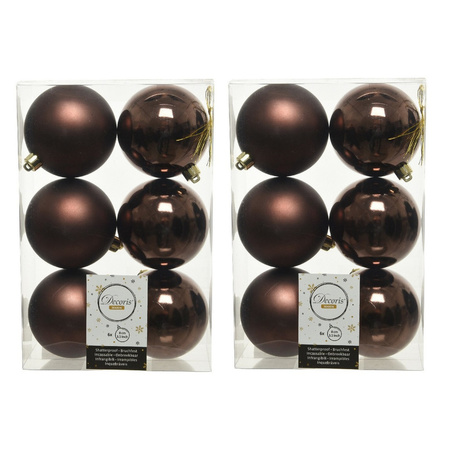 12x Kunststof kerstballen glanzend/mat donkerbruin 8 cm kerstboom versiering/decoratie
