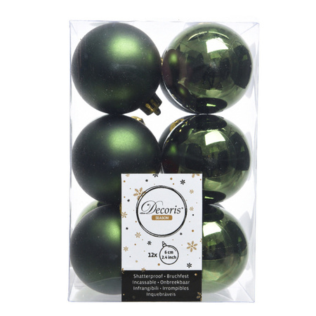 12x Kunststof kerstballen glanzend/mat donkergroen 6 cm kerstboom versiering/decoratie