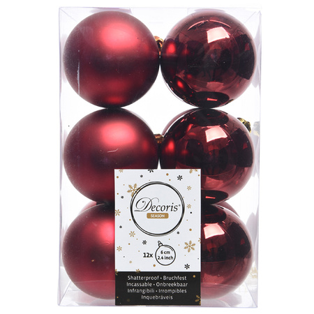 12x Kunststof kerstballen glanzend/mat donkerrood 6 cm kerstboom versiering/decoratie