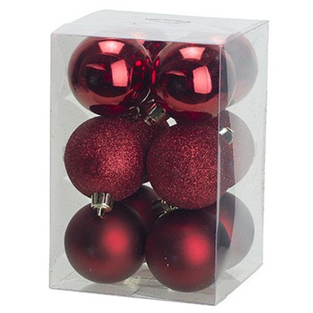 24x Christmas baubles mix dark red and red 6 cm plastic matte/shiny/glitter