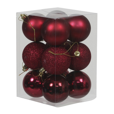 12x Dark Red Christmas baubles shiny/matt/glitter 6 cm plastic