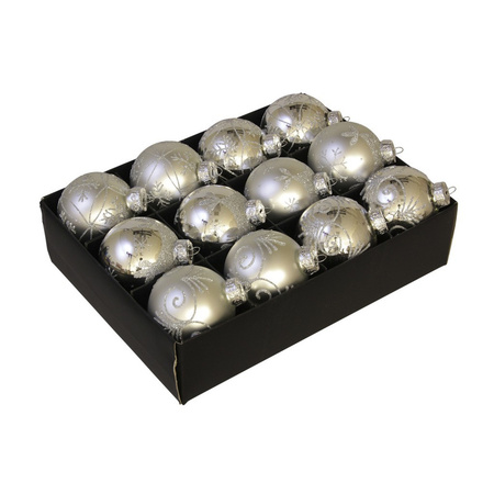 12x Glazen gedecoreerde zilveren kerstballen 7,5 cm