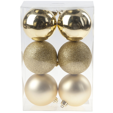 12x Gold Christmas baubles 8 cm plastic matte/shiny/glitter