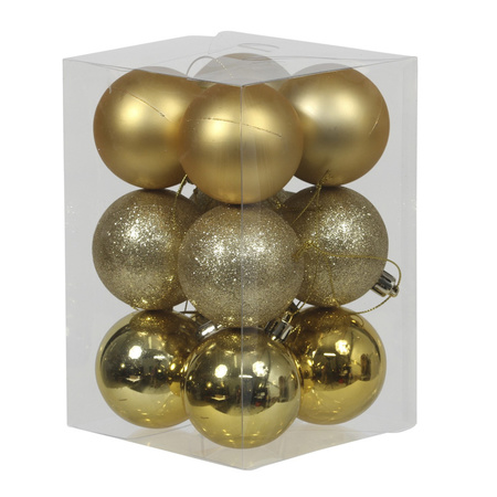 12x Gold Christmas baubles shiny/matt/glitter 6 cm plastic
