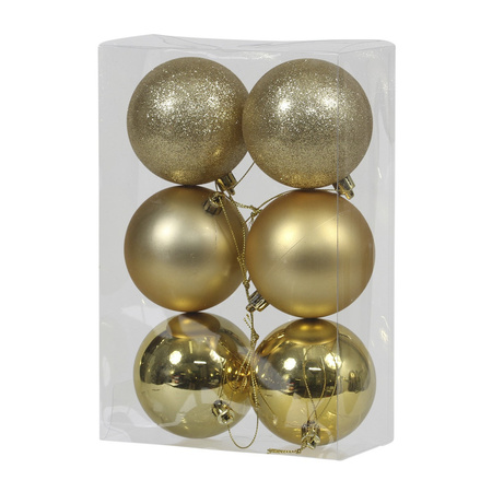 12x Gouden kunststof kerstballen 8 cm glans/mat/glitter