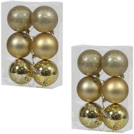 12x Gouden kunststof kerstballen 8 cm glans/mat/glitter