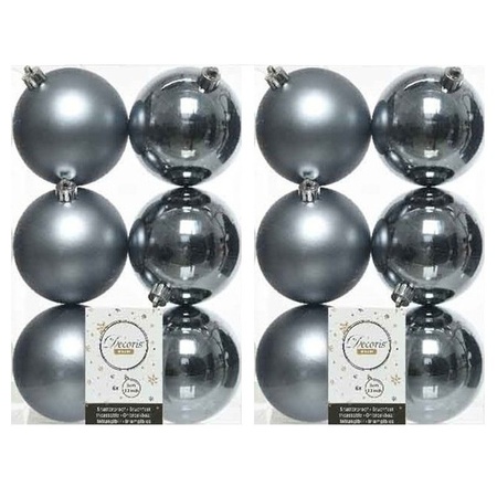 12x Kunststof kerstballen glanzend/mat grijsblauw 8 cm kerstboom versiering/decoratie