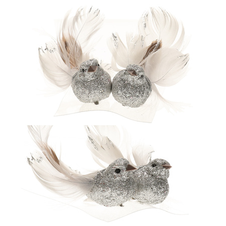 12x Kerst decoratie gliter vogeltje op clip zilver