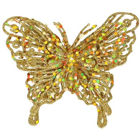 12x Kerstboomversiering vlinders op clip glitter goud 11 cm