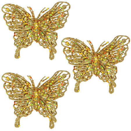 12x Kerstboomversiering vlinders op clip glitter goud 11 cm