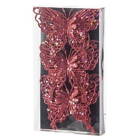 12x Kerstboomversiering vlinders op clip glitter rood 11 cm