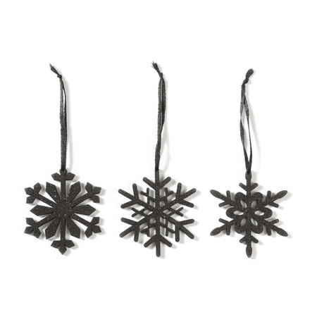 12x Kersthangers figuurtjes zwarte sneeuwvlok/ster 7,5 cm