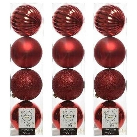 12x Kunststof kerstballen mix kerstrood 10 cm kerstboom versiering/decoratie