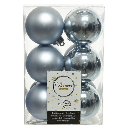 12x Kunststof kerstballen glanzend/mat lichtblauw 6 cm kerstboom versiering/decoratie