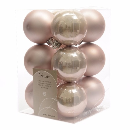 36x stuks kunststof kerstballen mix van lichtroze, parelmoer wit en oudroze 6 cm
