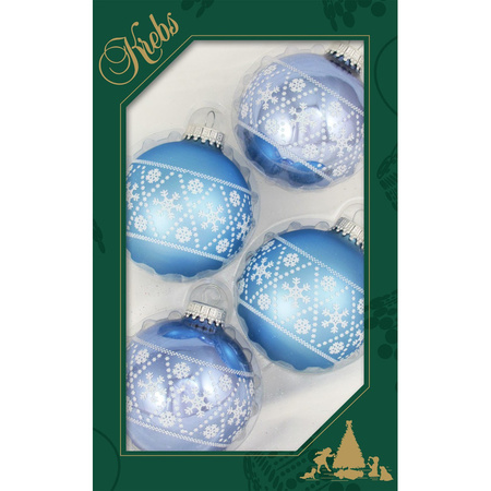 12x Glazen ijsblauwe/lichtblauwe kerstballen met witte decoratie 7 cm