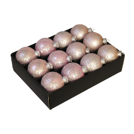 12x Decorated glass powder pink baubles 7,5 cm