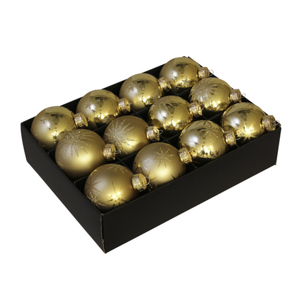 12x Luxe glazen gouden sneeuwvlokken/sterren kerstballen 7,5 cm