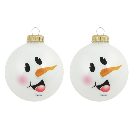 12x Luxury glitter white glass christmas baubles with snowman 7 cm