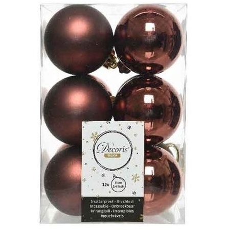 12x Kunststof kerstballen glanzend/mat mahonie bruin 6 cm kerstboom versiering/decoratie