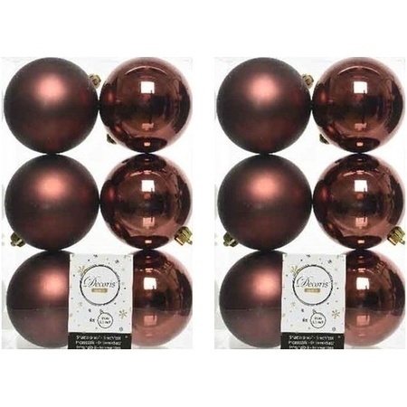 12x Kunststof kerstballen glanzend/mat mahonie bruin 8 cm kerstboom versiering/decoratie