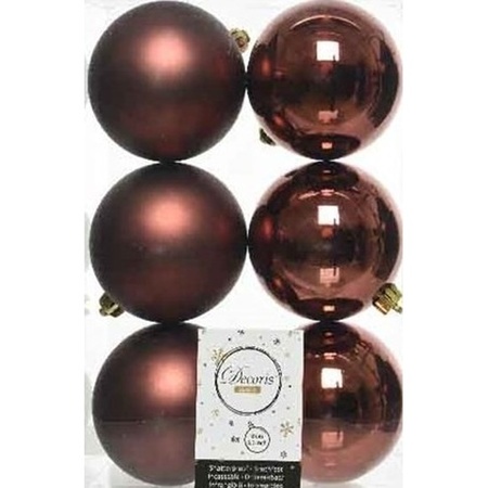 12x Kunststof kerstballen glanzend/mat mahonie bruin 8 cm kerstboom versiering/decoratie