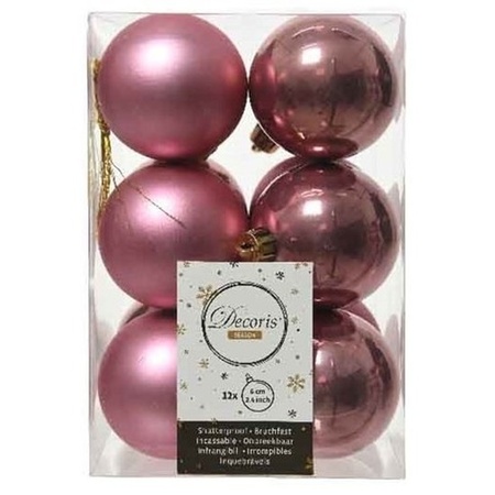 12x Kunststof kerstballen glanzend/mat oud roze 6 cm kerstboom versiering/decoratie