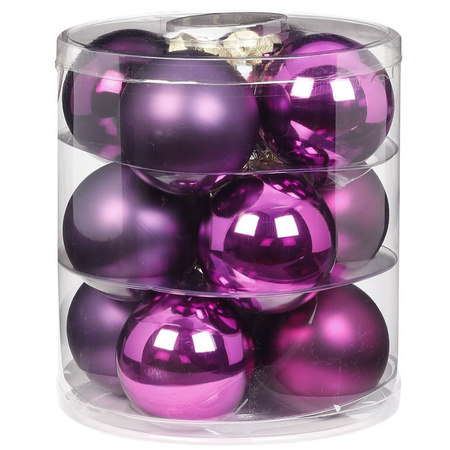Tube met 12 paarse kerstballen van glas 8 cm glans en mat