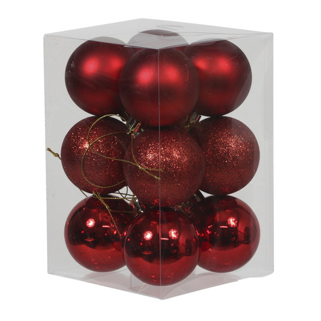 12x Red Christmas baubles shiny/matt/glitter 6 cm plastic