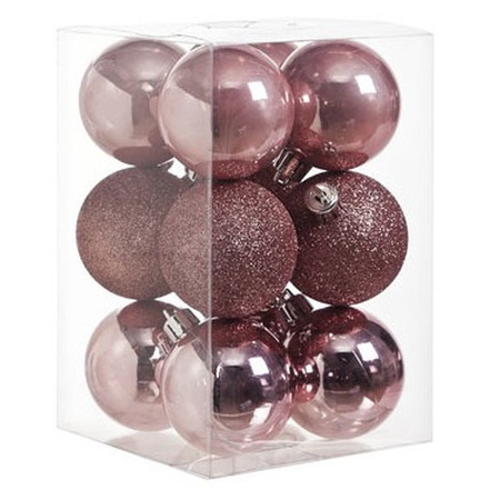 24x Christmas baubles mix aubergine and pink 6 cm plastic matte/shiny/glitter