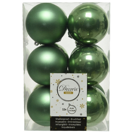 12x Kunststof kerstballen glanzend/mat salie groen 6 cm kerstboom versiering/decoratie