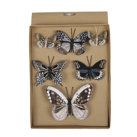 12x  stuks Kerstversiering vlinders op clip 5, 8 en 12 cm