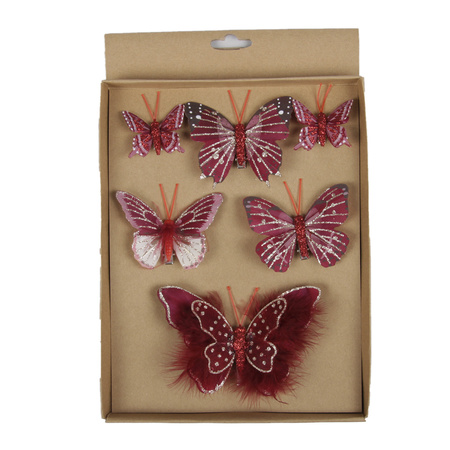 12x stuks decoratie vlinders op clip donkerrood 5, 8 en 12 cm