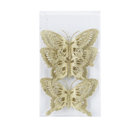 12x stuks decoratie vlinders op clip glitter goud 14 cm