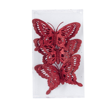 12x stuks decoratie vlinders op clip glitter rood 14 cm