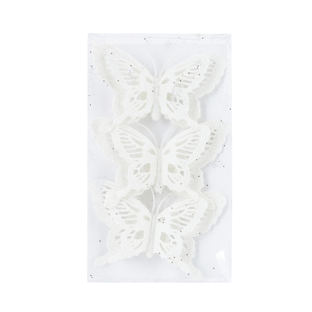 12x stuks decoratie vlinders op clip glitter wit 14 cm