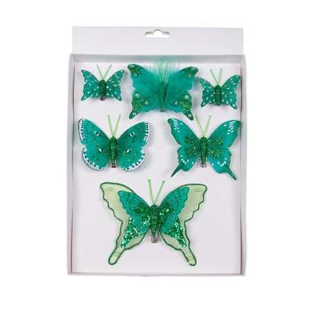 12x stuks decoratie vlinders op clip groen 5, 8 en 12 cm