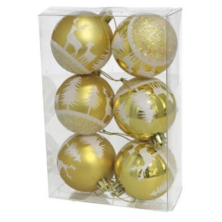 12x stuks gedecoreerde kerstballen goud kunststof 6 cm