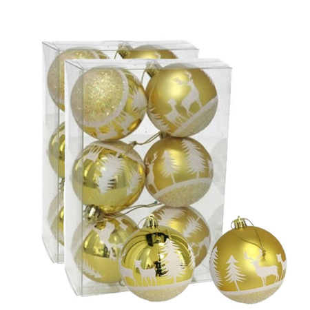 12x stuks gedecoreerde kerstballen goud kunststof 6 cm