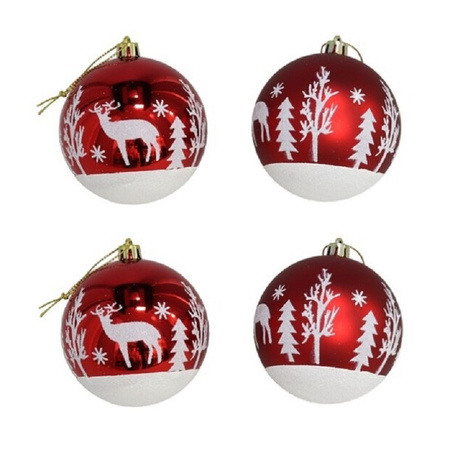 12x stuks gedecoreerde kerstballen rood kunststof 8 cm