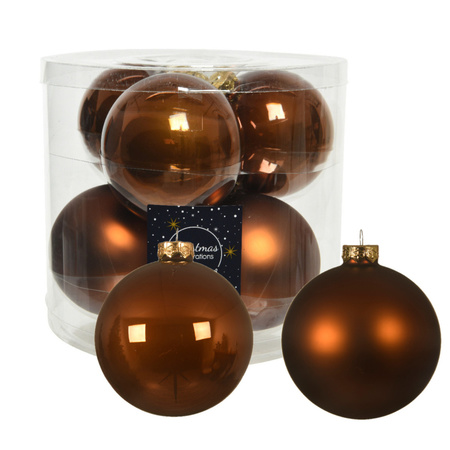 12x Glass christmas baubles cinnamon brown 10 cm matt/shiny
