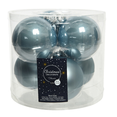 12x stuks glazen kerstballen lichtblauw 8 cm mat/glans